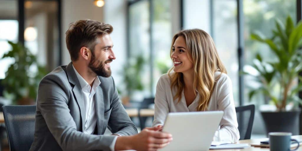 Financial advisor consulting with a client in an office.