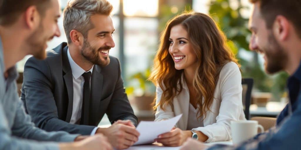 Financial advisor consulting with clients in an office.